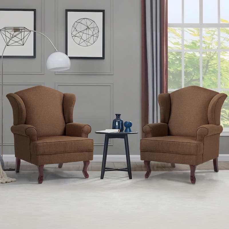 2 Set Modern Upholstery Wingback Accent Chair - Brown/ Linen