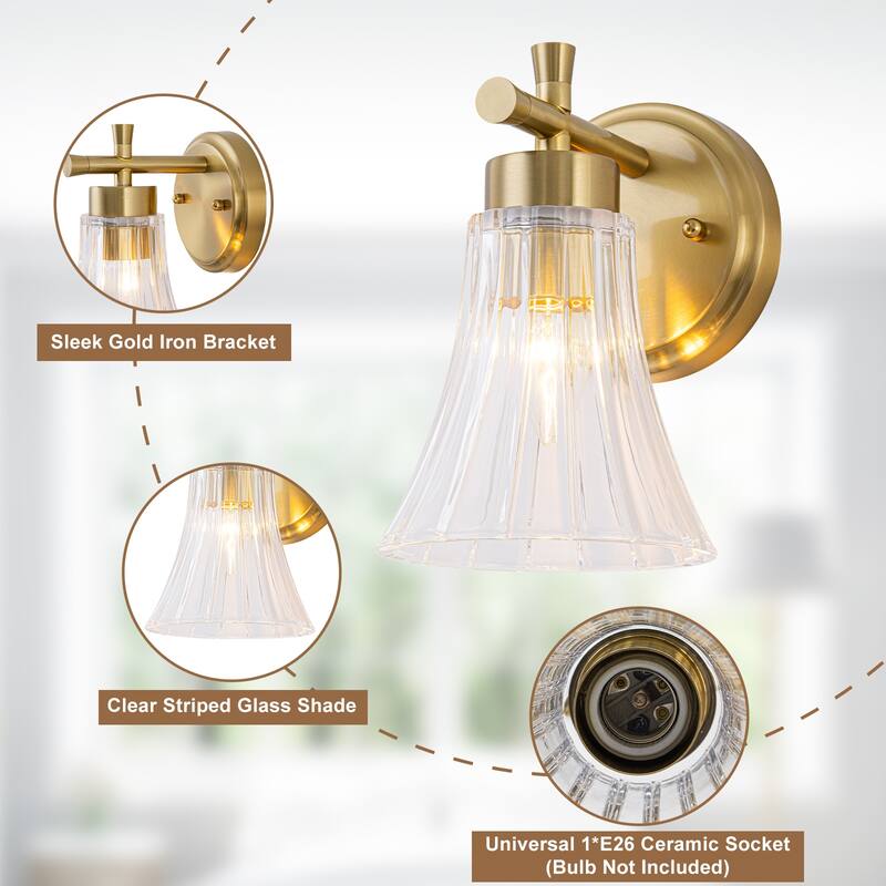 Gold Metal Wall Sconce Ribbed Trumpet Glass Shade for Bathroom Vanity