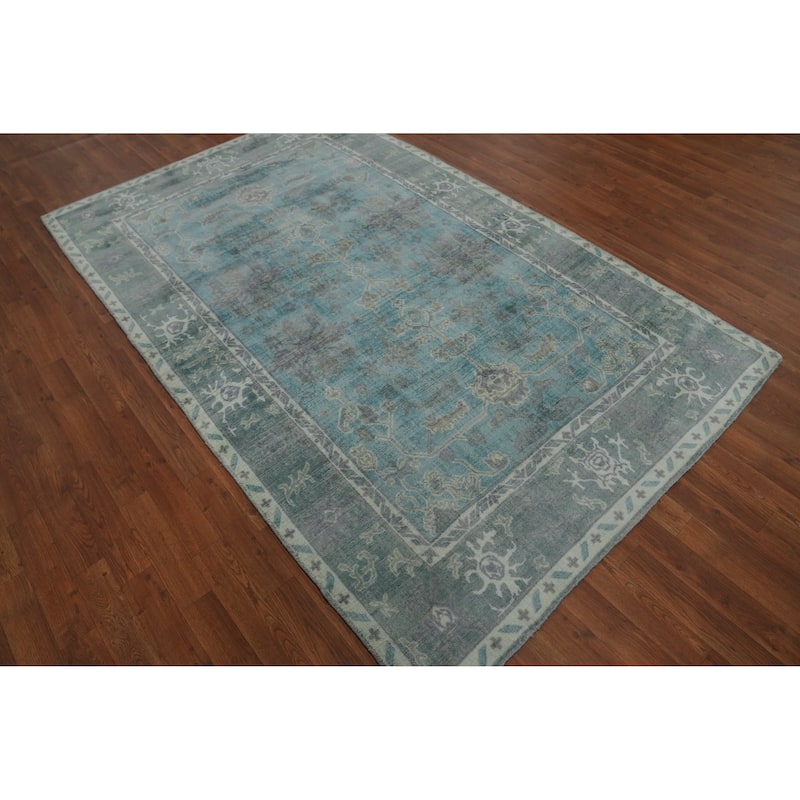 Hand-knotted Transitional Silk Carpet Blue Oushak Rug Floral Oriental Area Rug - 8' 0'' X 5' 0''