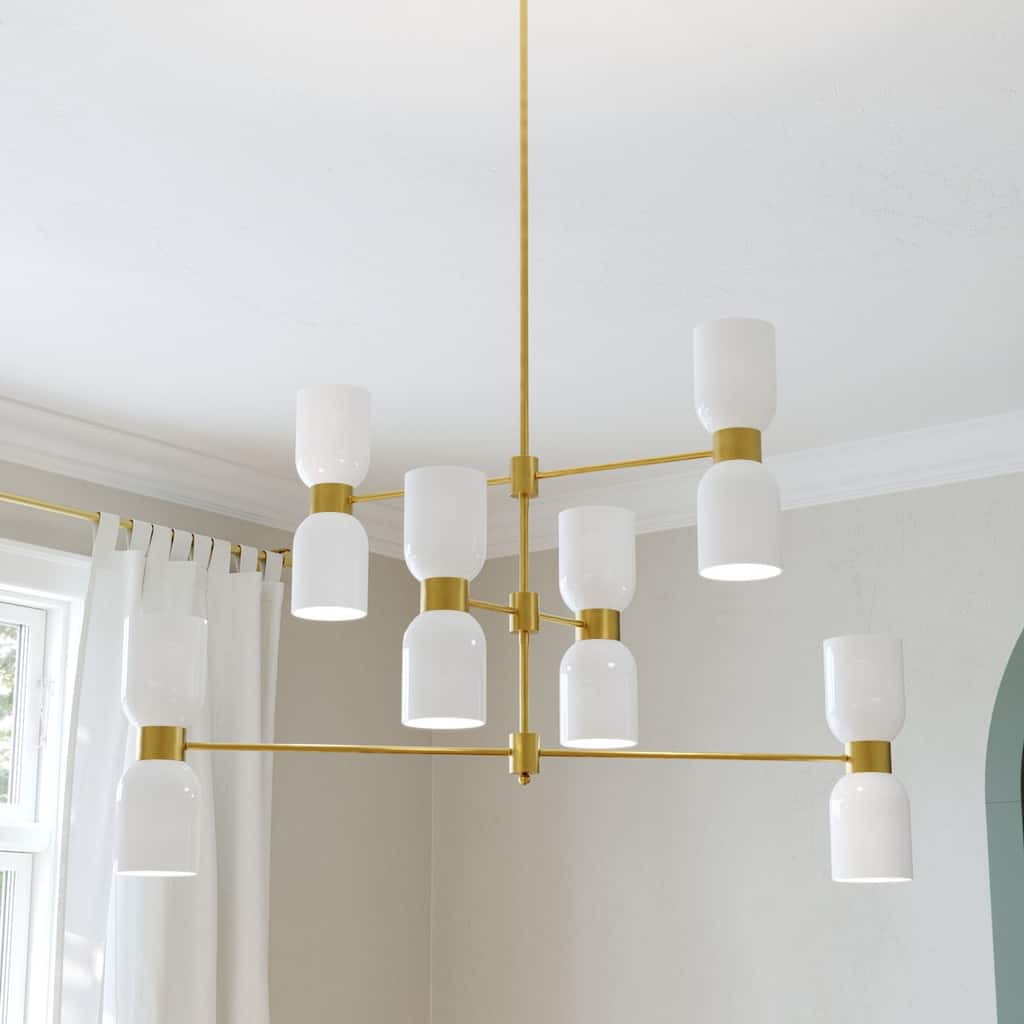Acroma Gold 12-Light Dimmable Chandelier with White Glass Shades
