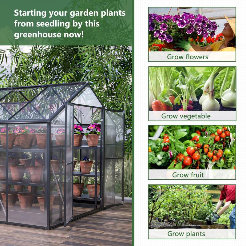 8' x 12' Outdoor Greenhouse, Heavy Duty Polycarbonate Greenhouse, Large Walk-in Greenhouse with Double Doors