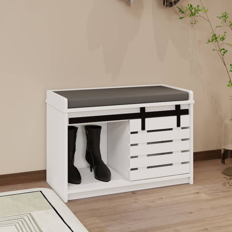 Shoe Storage Bench, 2-Tier Entryway Bench with Sliding Barn Door & 2 Adjustable Shelves & Full Soft Removable Seat Cushion