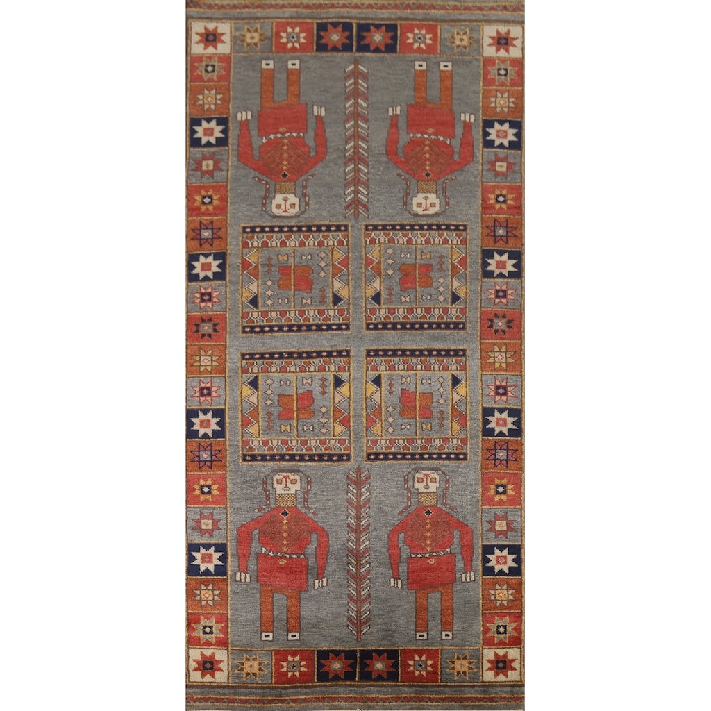 Hand Knotted Oriental 100% Wool Carpet Traditional Tribal Greys & Charcoal Heriz (serapi) Runner Rug - 9' 10'' X 4' 0''