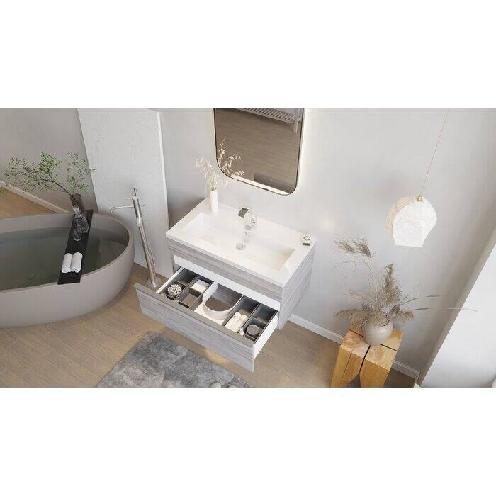 Trough Collection 30" Wall Mount Cultured Marble Top Bathroom Vanity with Sink and Drawers