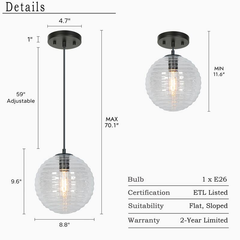 Modern 1-Light Matte Black Seeded Glass Pendant Light Globe Shade Kitchen Island Light for Dining Room - 8.8" L × 9.6" H