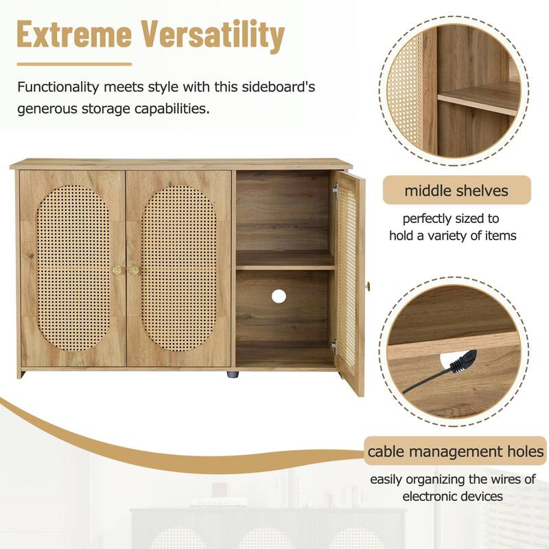 Retro 3-Door Sideboard - Large Storage with Rattan Doors and Metal Handles