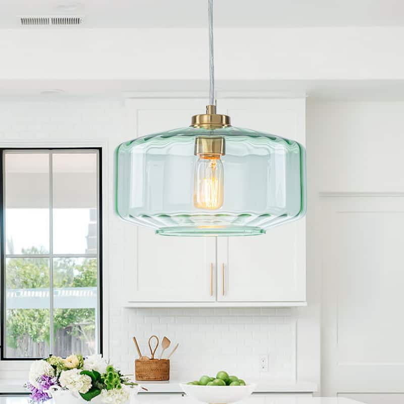 Mid-century Modern 1-Light Lantern Glass Pendant Light with Green Ribbed Glass Shade for Kitchen Island, Dining Room
