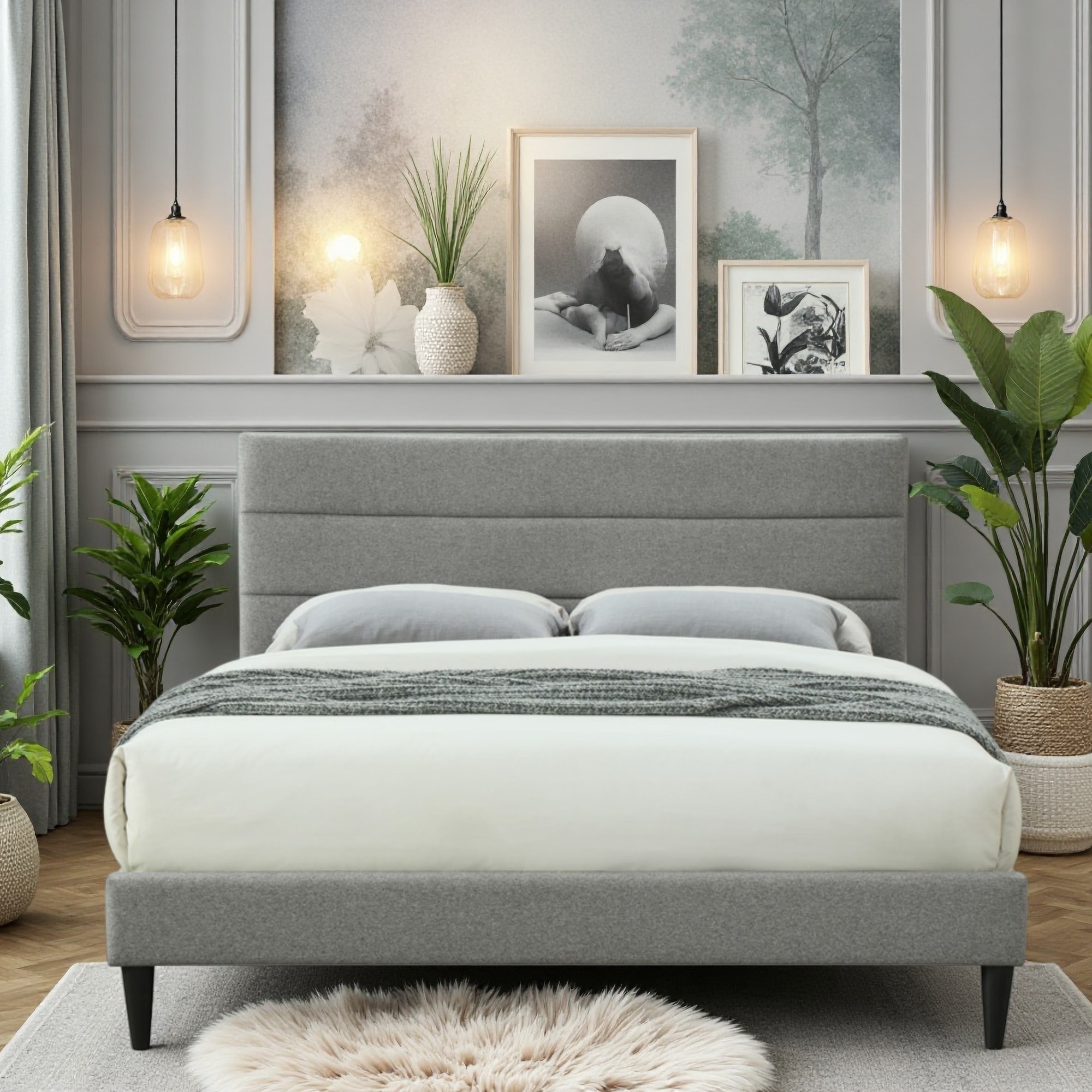 Upholstered Platform Bed with USB and Channel Tufted Headboard