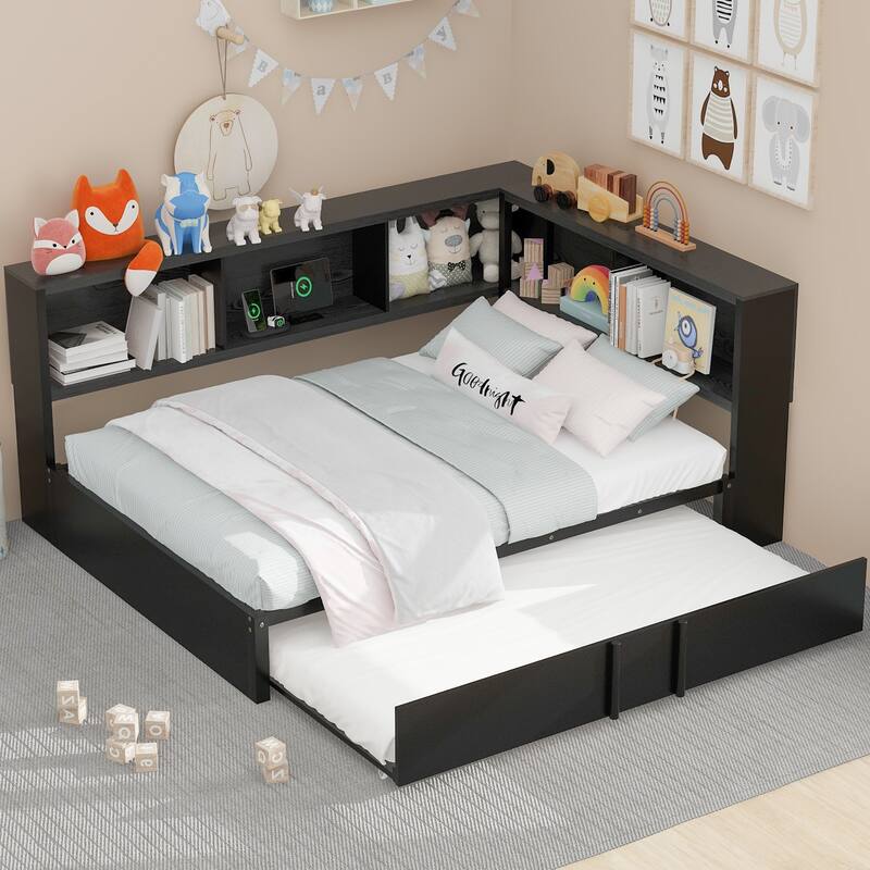 Metal Full Size Daybed with Storage Cabinets and USB Ports, L-Shaped Corner Platform Bed Frame with Pull-out Trundle Bed