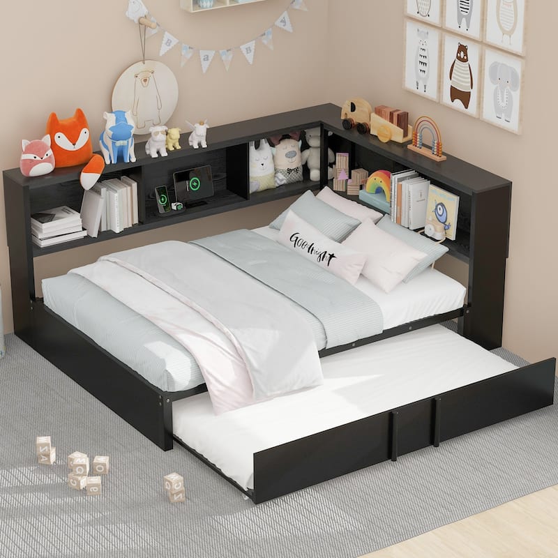 Roomfitters Metal Full Size Daybed with Trundle, Storage Cabinets and USB Port Charging Hub - Black - Full