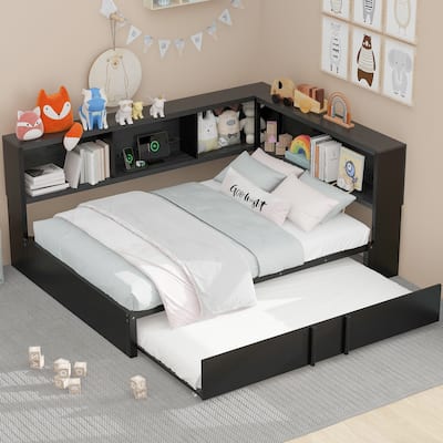 Roomfitters Metal Full Size Daybed with Trundle, Storage Cabinets and USB Port Charging Hub
