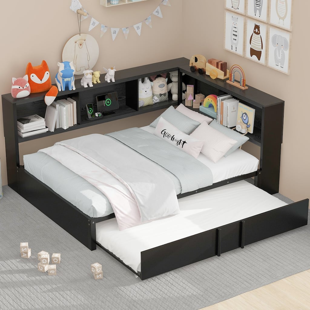 Roomfitters Metal Full Size Daybed with Trundle, Storage Cabinets and USB Port Charging Hub