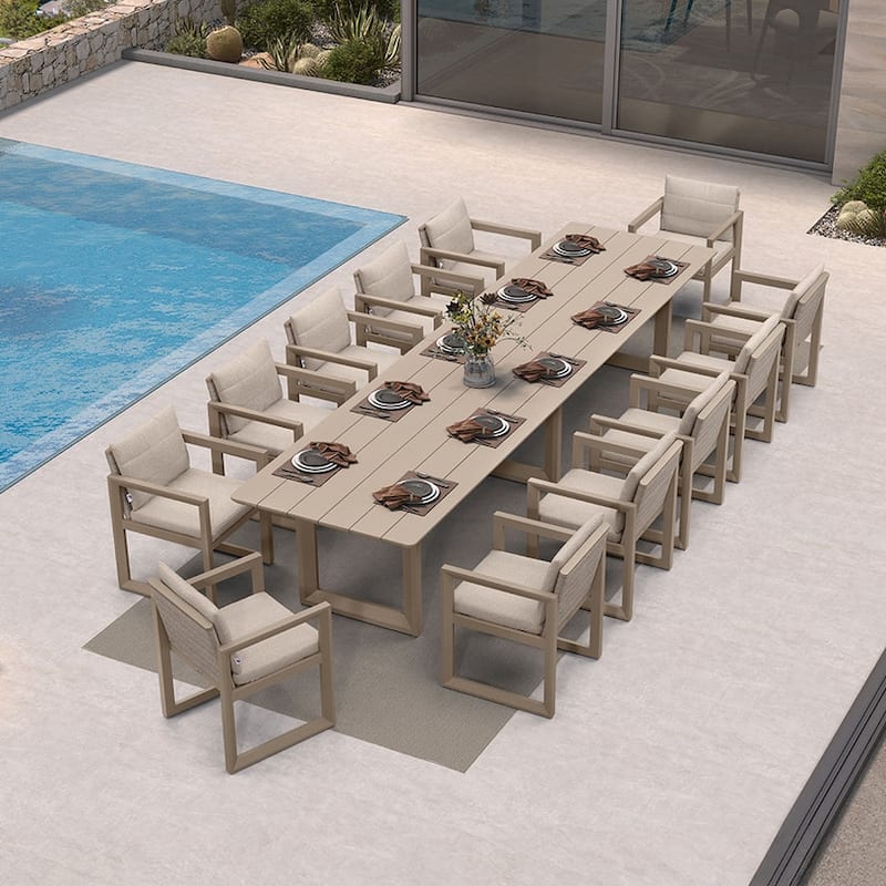 PURPLE LEAF Caesar Outdoor Dining Set Aluminum Luxury Patio Furniture with Olifen Removable Thick Cushion and Pillow-Khaki - N/A - 13-Piece（400）