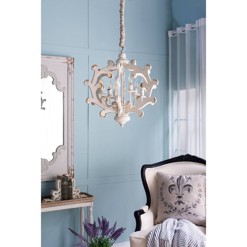 6 - Light Wood Chandelier, Hanging Light Fixture with Adjustable Chain for Kitchen Dining Room Foyer Entryway, Bulb Not Included