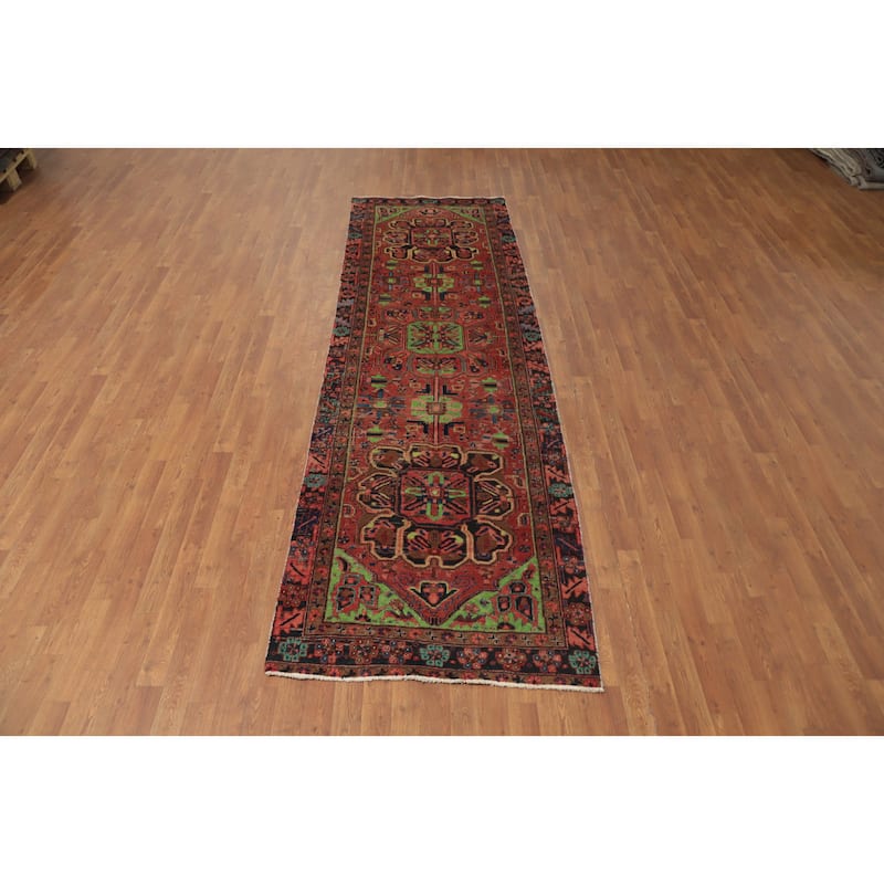 Hand Knotted Oriental 100% Wool Carpet Traditional Geometric Oranges & Rust Heriz Runner Rug - 11' 1'' X 3' 4''