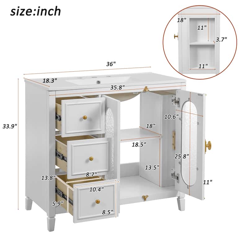 36" Modern Bathroom Vanity – Features 2 Soft-Close Doors & 3 Smooth-Glide Drawers, Solid Wood Frame for Durable Storage‌.