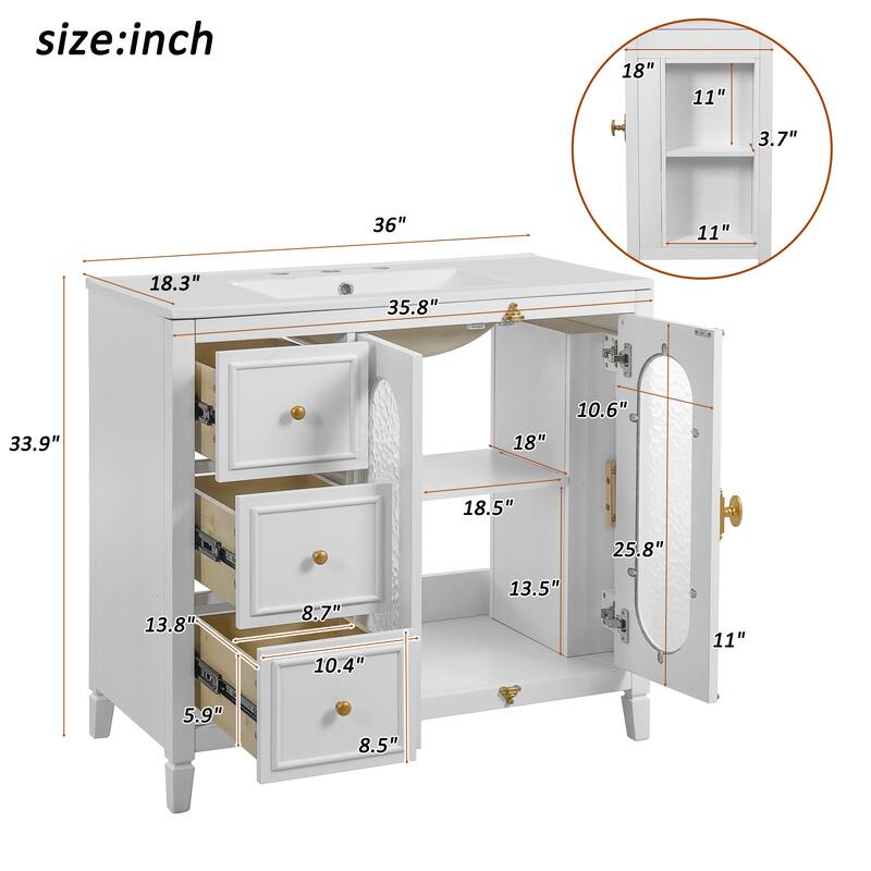 36" Single Sink Bathroom Vanity, Translucent Patterned Glass Doors Bathroom Storage Cabinet with 3 Drawers