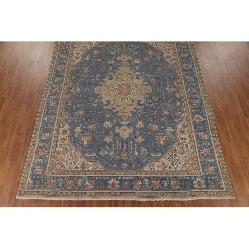Blue Tabriz Vintage Persian Rug Handmade Wool Carpet - 9'10" x 12'9"