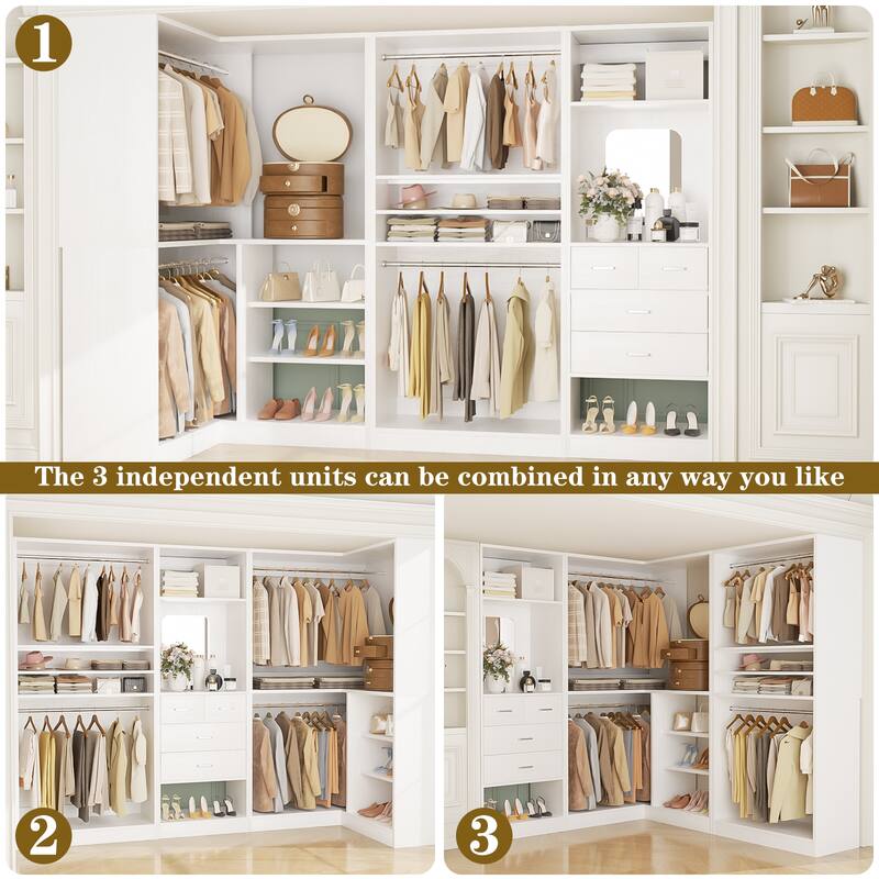 Cimly Set of 3 Corner Closet System with Hanging Rods, Space-saving Closet Organizer with Mirror
