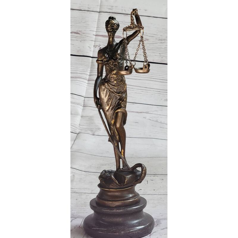 Real Bronze Statue Marble Lady Blind Justice Scales Law Sculpture Marble Figure