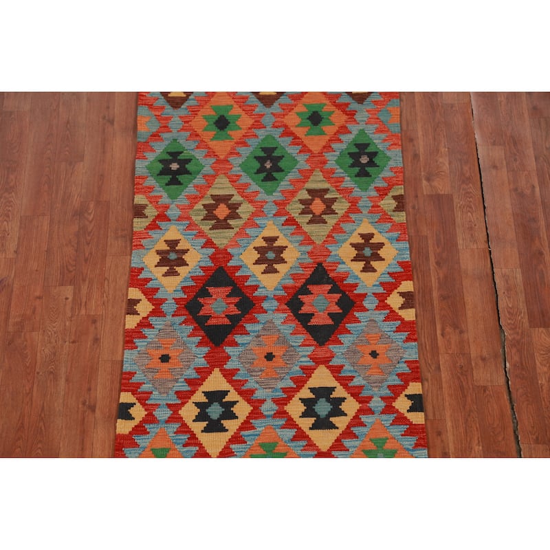 Hand Woven Oriental 100% Wool Carpet Southwestern All-Over Multi-Colored Kilim Runner Rug - 13' 0'' X 2' 7''