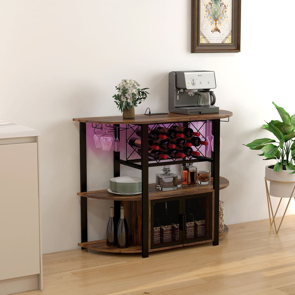 Liquor Cabinet Bar Stand with 10-Bottle Wine Rack, Glass Holders, Wine Bar Cabinet with Charging Station and LED Lights