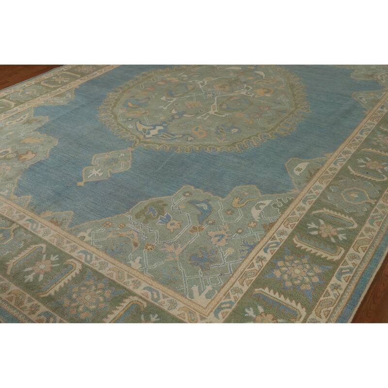 Hand Knotted Oriental 100% Wool Carpet Transitional Medallion Navy Blue & Blues Oushak Area Rug - 11' 11'' X 9' 2''