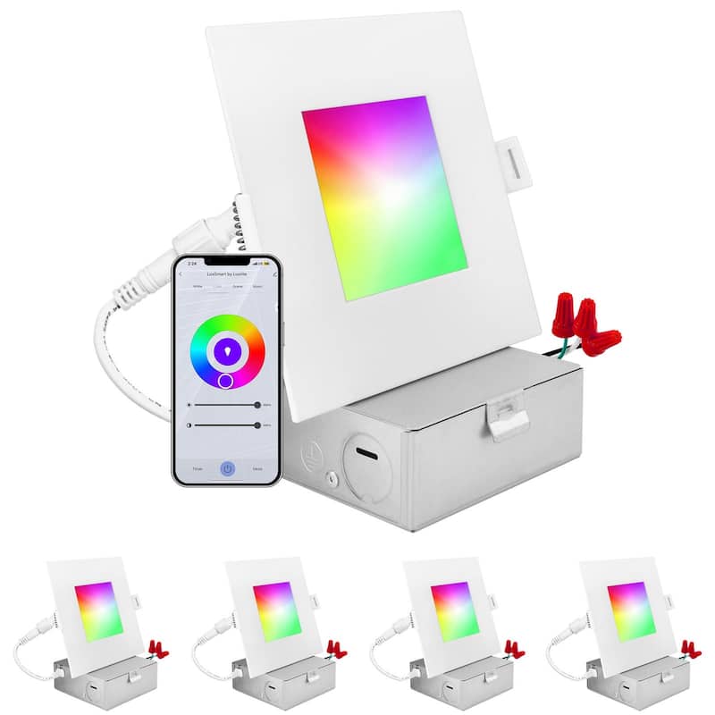 Luxrite 4 inch Square Smart LED Recessed Lighting, RGBW Color Changing, WiFi and Voice Control, Alexa and Google 4-Pack - RGB and Tunable White
