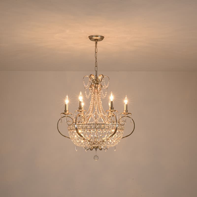 9-Light 24.4" W Crystal Chandelier in Antiqued Brushed Silver with Teardrop Pendants for Use in Living Room