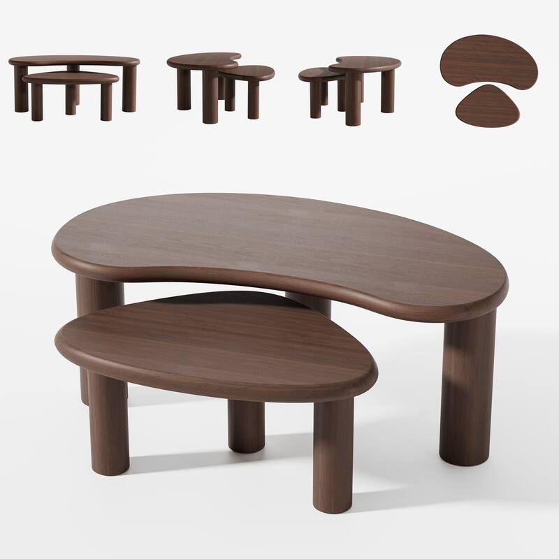 Modern Nested Coffee Tables Set 2-Piece Irregular Shaped Solid Wood Accent Tables for Home Office Living Room