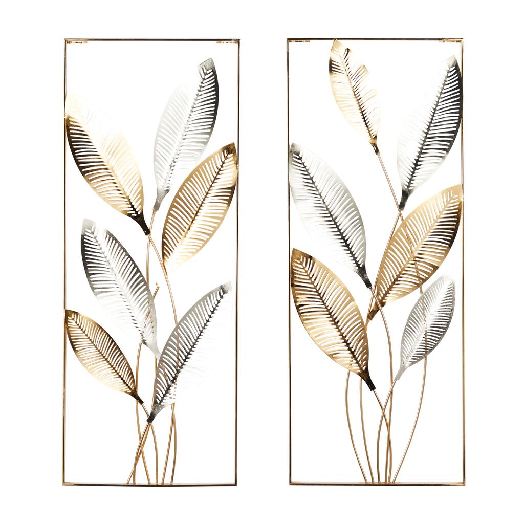 Metal Leaf Metallic Cutout Wall Decor with Silver Accents - Set of 2 Gold - Roche River Decor