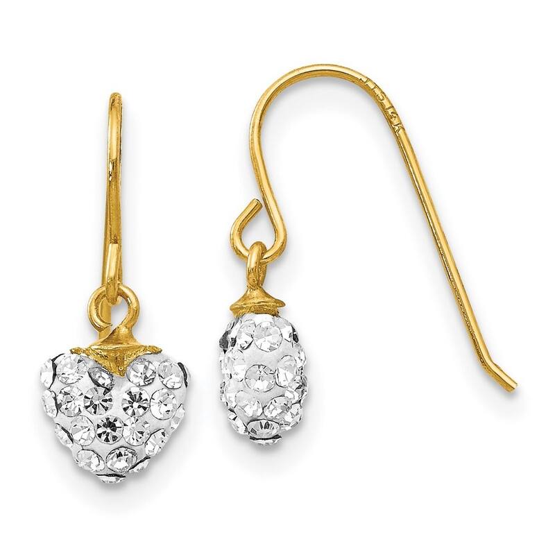 Curata 14k Yellow Gold 18" Crystal Love Heart Long Drop Dangle Earrings - 15x7mm