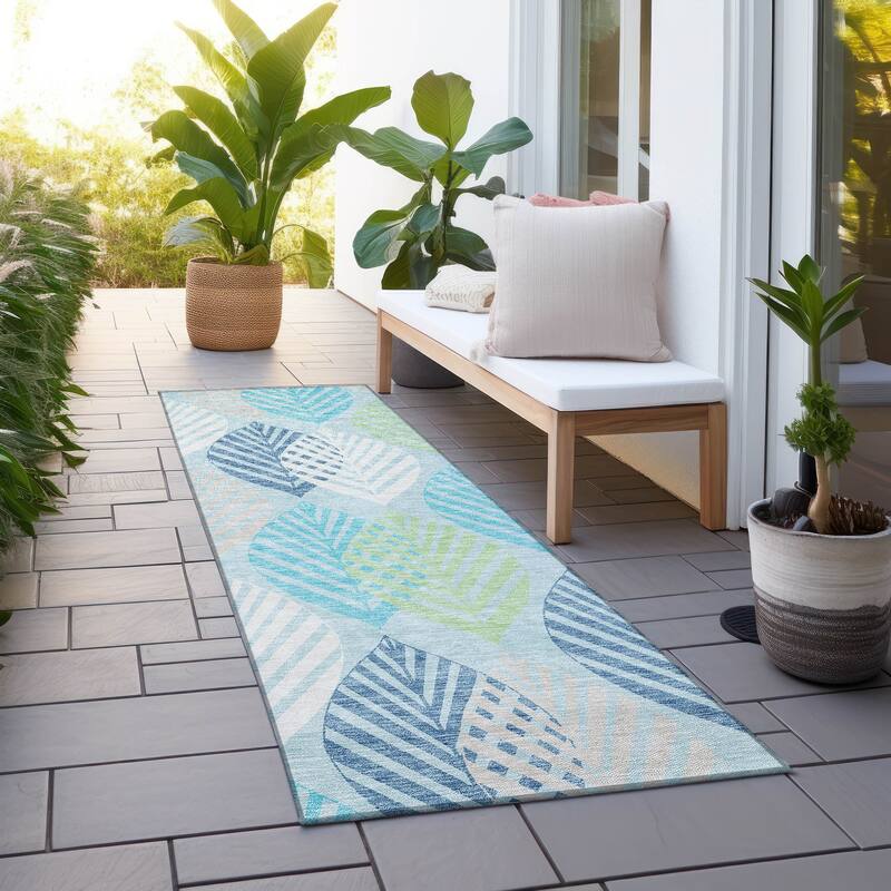 Machine Washable Indoor/ Outdoor Chantille Casual Palm Leaf Rug - Teal - 2'3" x 7'6"
