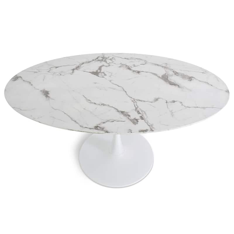 Oval White Faux Marble Topped Pedestal Dining Table