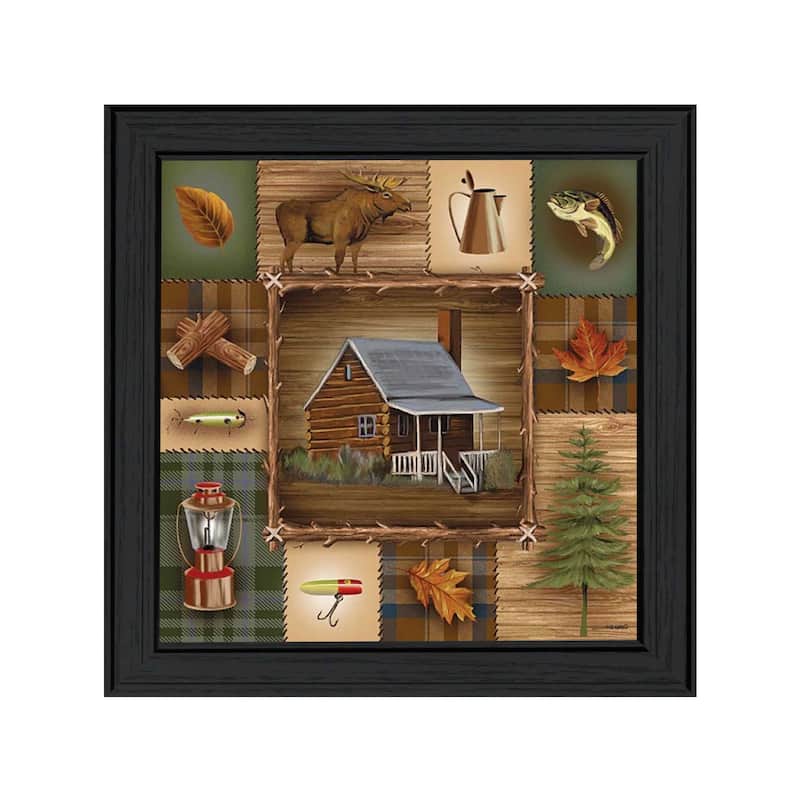 TrendyDecor4U Mid-Century Modern "At the Cabin" Framed Print Wall Art by Ed Wargo - Black, Reds, Green, Oranges Browns, White - Charcoal