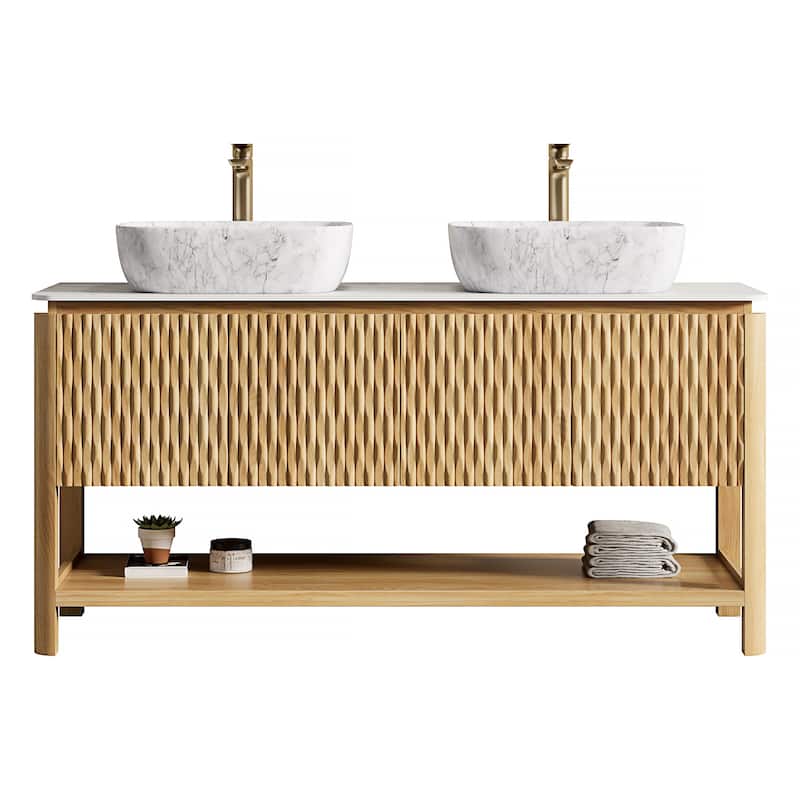 Freestanding Bathroom Vanity in Natural Wood with Carrara White Sintered Stone Top and Vessel Ceramic Basin