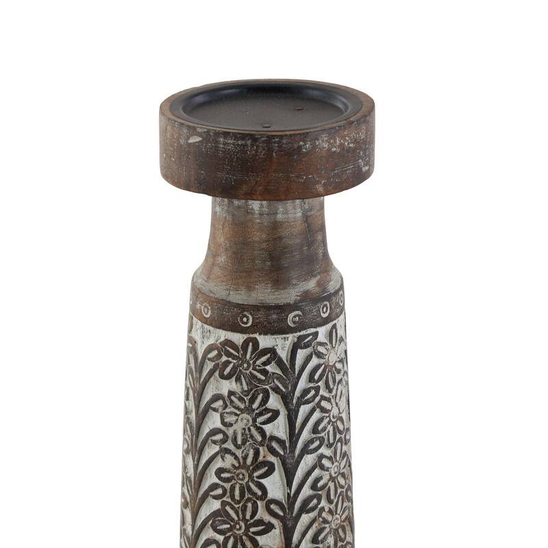 Mango Wood Floral Handmade Carved Pillar Candle Holder with Cream Accents - Set of 3 Brown - Roche River Decor