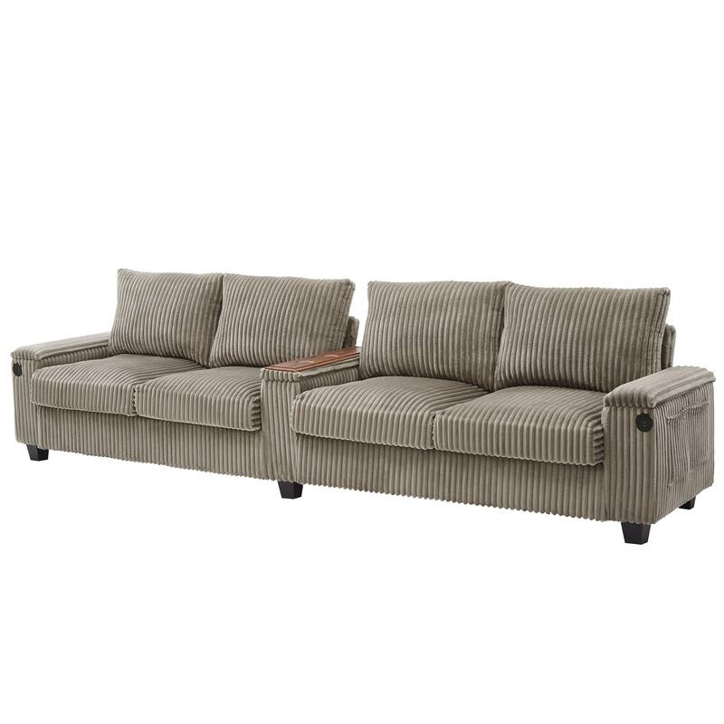 4 Seater Corduroy Sofa Couch with USB Ports and Storage Arms, 133" Modern Sofa with Side Pockets and Flip-Top Cup Holders
