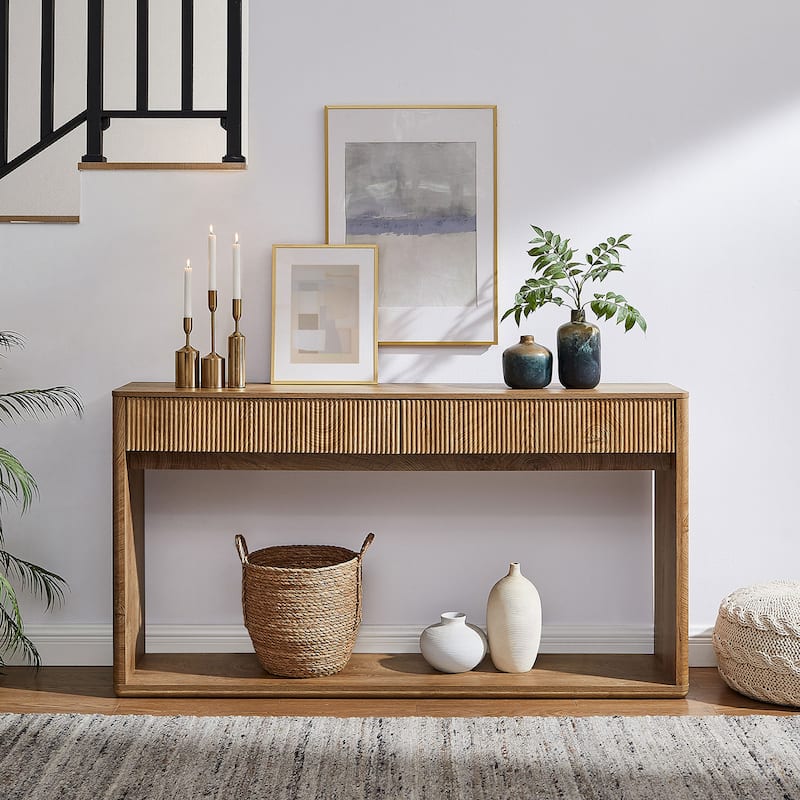 63" Modern Fluted 2 Drawers Entryway Table, Console Table, Sofa Table - Light Knotty Oak