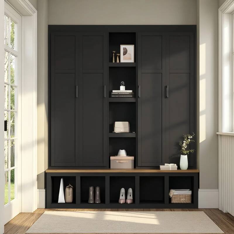 Hall Tree Storage Cabinet with 4/6 Hidden Hooks, Bench, and Open Compartments - Black -L