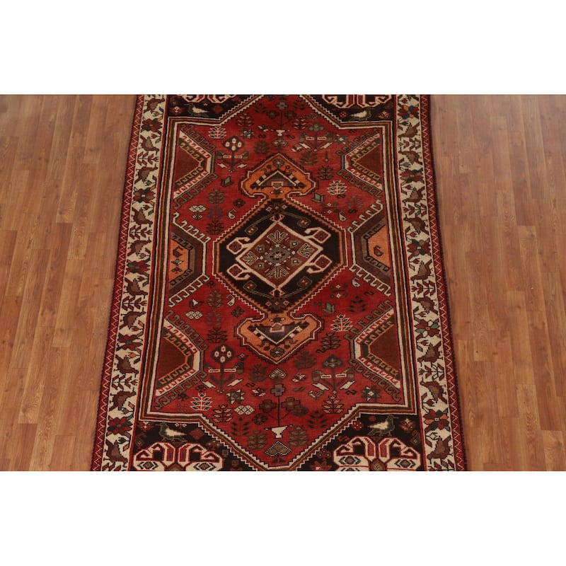 Red Shiraz Persian Vintage Area Rug Hand-Knotted Wool Carpet - 5'1"x 8'5"