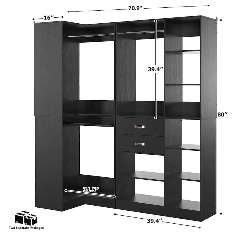 Vryon Set of 2 Corner Closet Organizer, 70.9'' W Closet System with Drawers and Hanging Rods