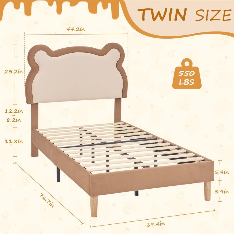 VECELO Twin Beds for Kids, Upholstered Platform Bedframes, Brown Kids Bed Set of 2