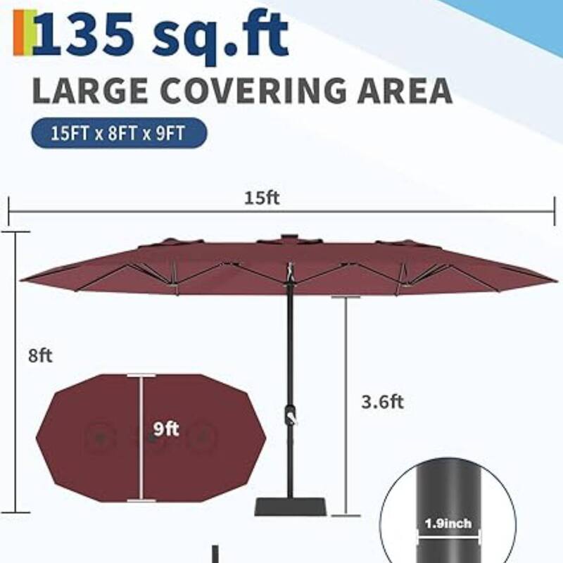 15FT Double-Sided Patio Umbrella with Base Included for Pool Lawn Garden