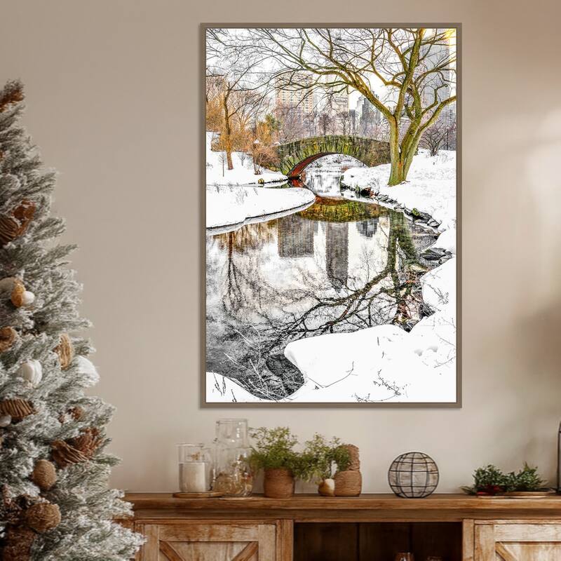 Central Park Winter No 7 by Murray Bolesta Framed Canvas Wall Art Print - Sylvie Dark Gold