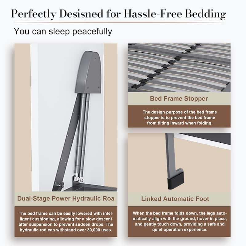 Queen Murphy Bed with 65 Inch Foldable Wall Design, Metal Frame and Solid Wood Slats for Bedrooms and Guest Rooms