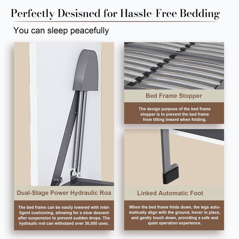 Queen Size Murphy Bed Foldable Wall Bed Frame Cube Cabinet Bed, Solid Wood Support Strips Platform Bed, Save-Space Hidden Bed