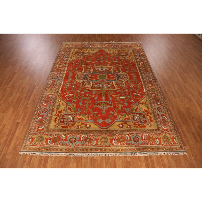 Floral Medallion Heriz Serapi Indian Area Rug Hand-Knotted Wool Carpet - 8'5" x 11'11"