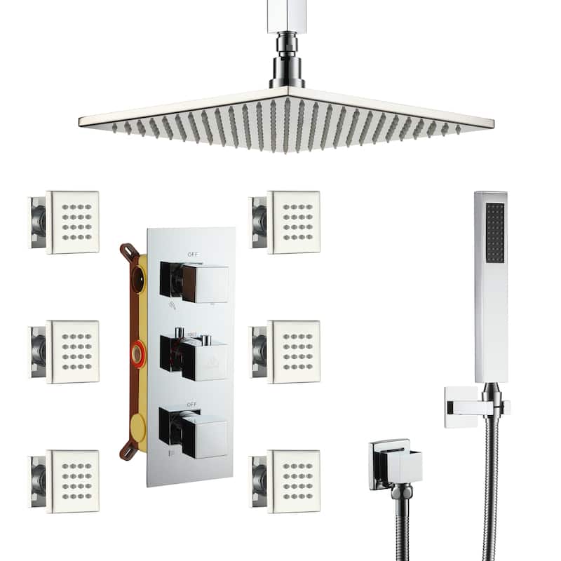 Celling 12 inch LED 3 Function Thermostatic Shower System with 6 Body Jets