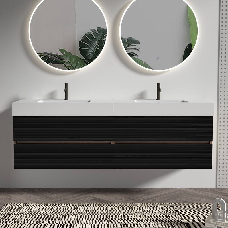 GDFStudio - Grace Floating Bathroom Vanity with Solid Surface Sink and Soft-Close Storage - 72"-Set of 2 - Black+Brown+Glossy White